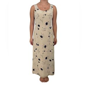 Vintage 100% Silk Casual Corner Beige and Navy Floral Midi Slip Dress Size 4
